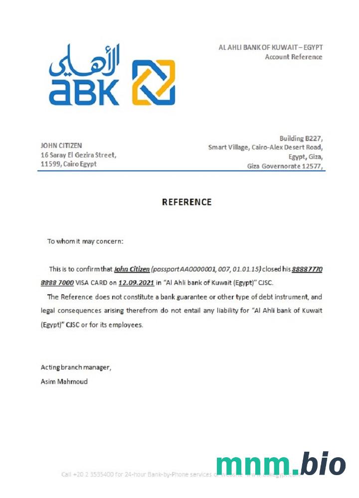 Przykład odniesienia do zamknięcia Egypt Al Ahli Bank of Kuwait w formatach Word i PDF
